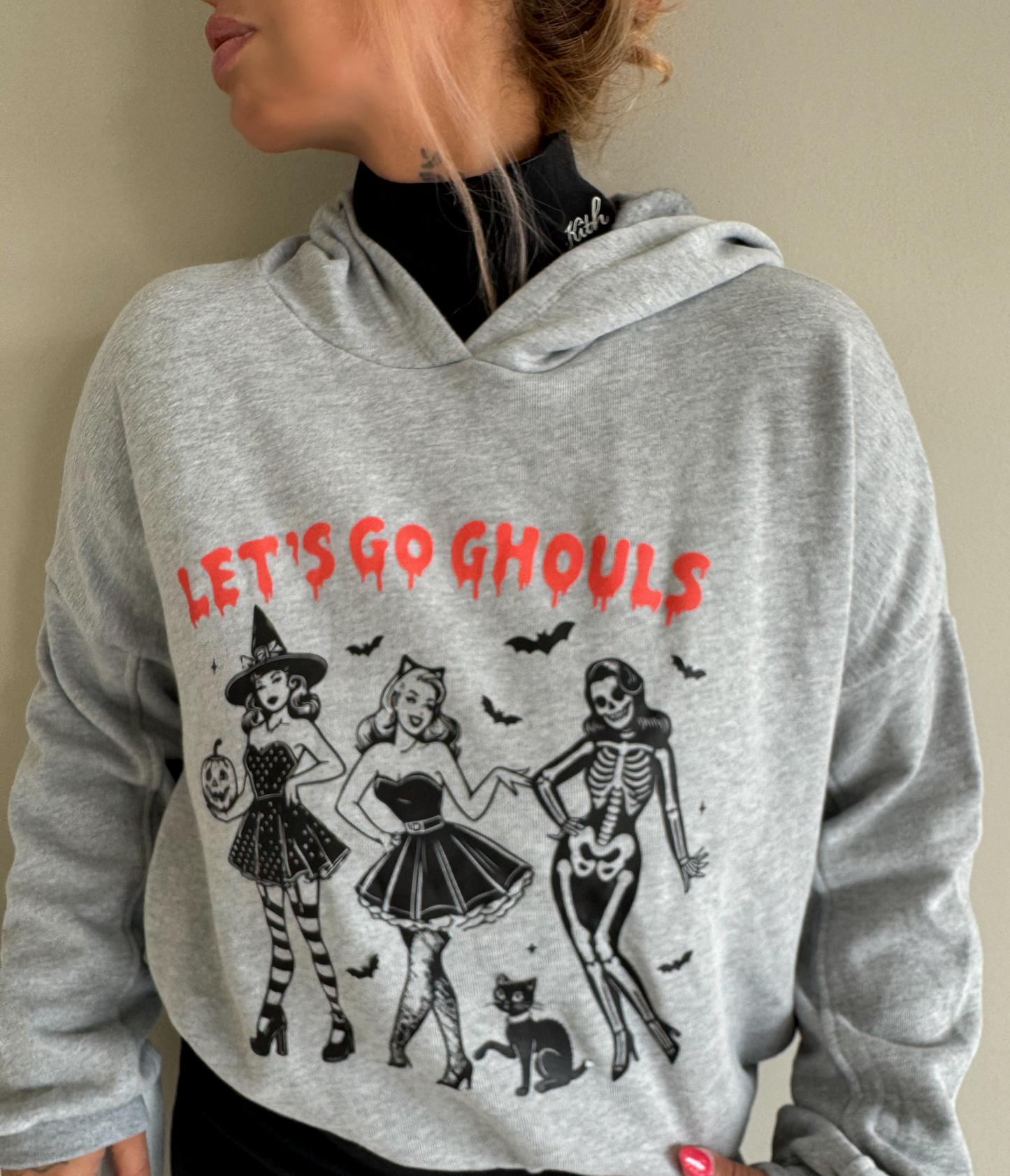 Lets Go Ghouls Cropped Halloween Graphic Hoodie NEW