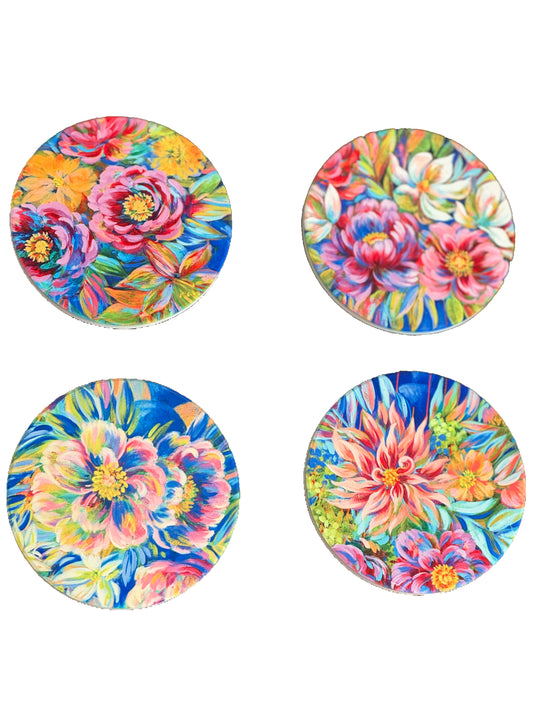 Set of 4 Colorful Floral Watercolor Coasters Art by Julie Marriott NEW