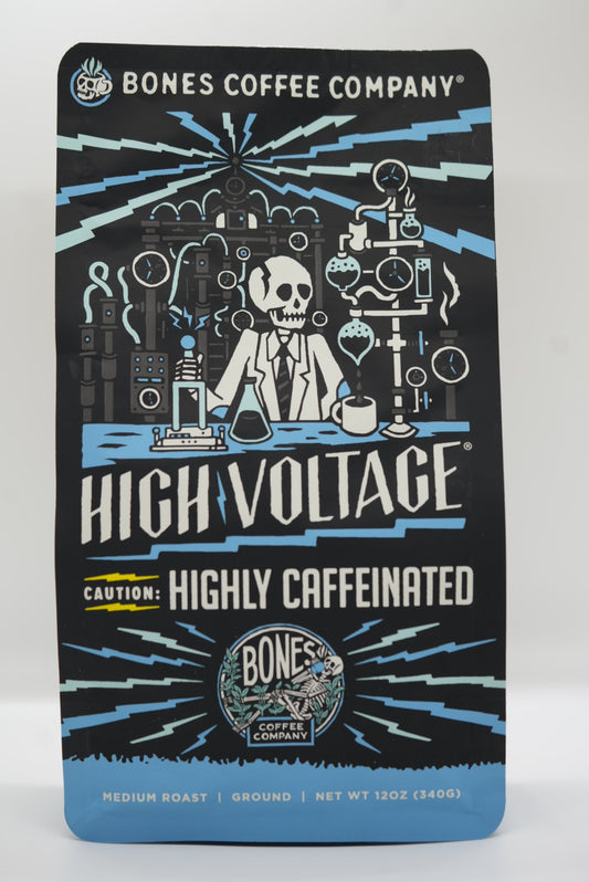 High Voltage Ultra Caffeinated Ground Coffee Blend by Bones Coffee