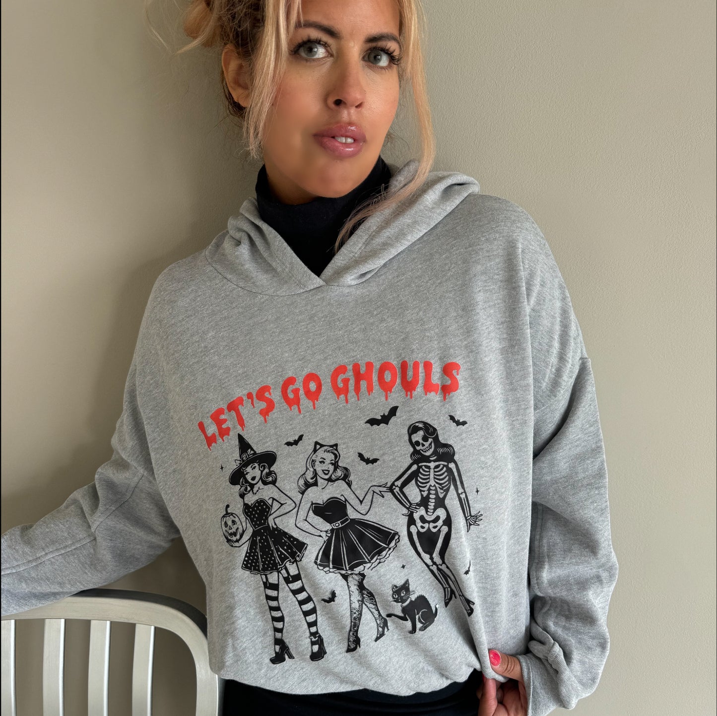 Lets Go Ghouls Cropped Halloween Graphic Hoodie NEW