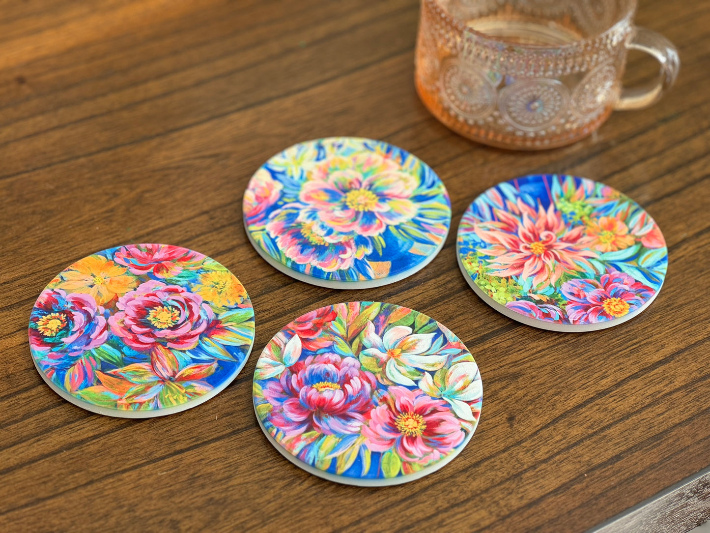 Set of 4 Colorful Floral Watercolor Coasters Art by Julie Marriott NEW