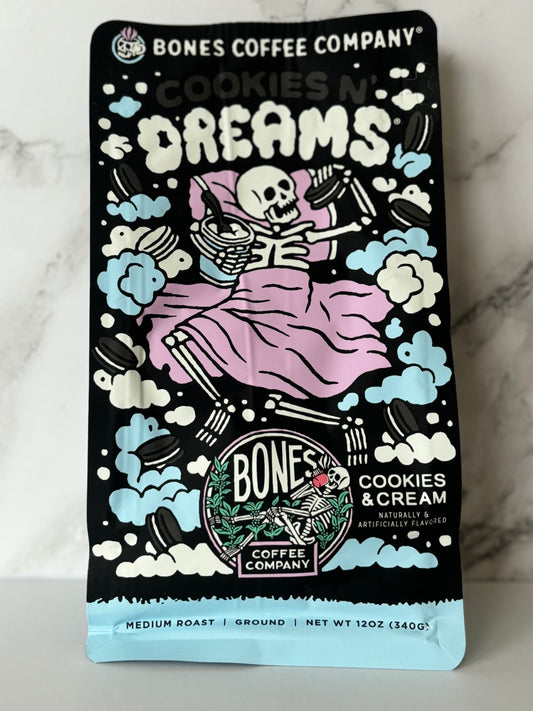 Cookies N’ Dreams Chocolate and Vanilla Flavored Ground Coffee by Bones Coffee